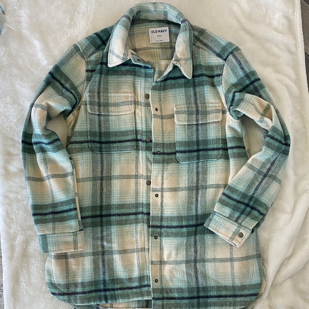 Old Navy Women’s Plaid Shirt Jacket - Teal and Cream